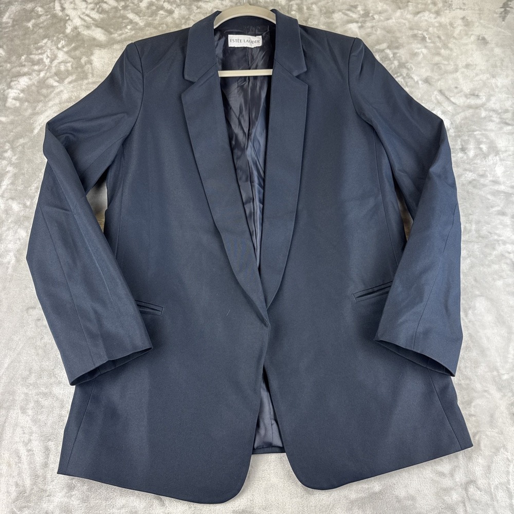 Estee Lauder Open Blazer Women's M Navy Blue Shoulder Pads Lined Uniform (1215)